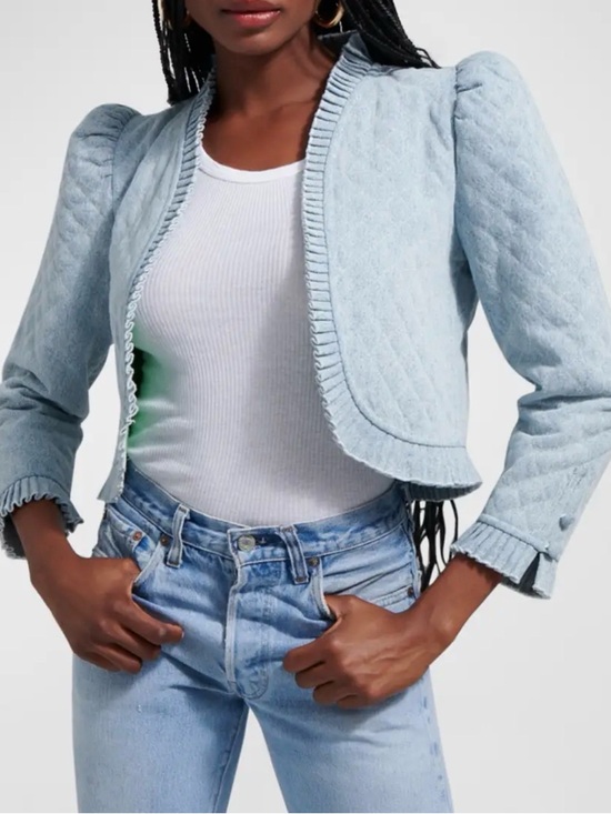 Love The Label Jackets & Blazers - Love the Label Quilted Cropped Ruffle-Trim Blazer in Light Denim
